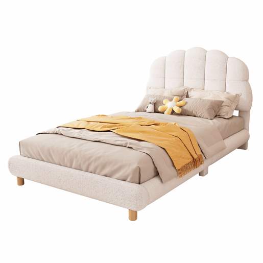 Cama individual, 90x200 cm - Plush, cabeceira adorável - Branco