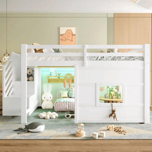 Cama alta 140x200 - com escada de arrumação e janela - Branco