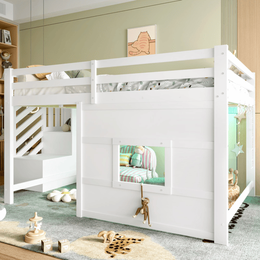 Cama alta 140x200 - com escada de arrumação e janela - Branco