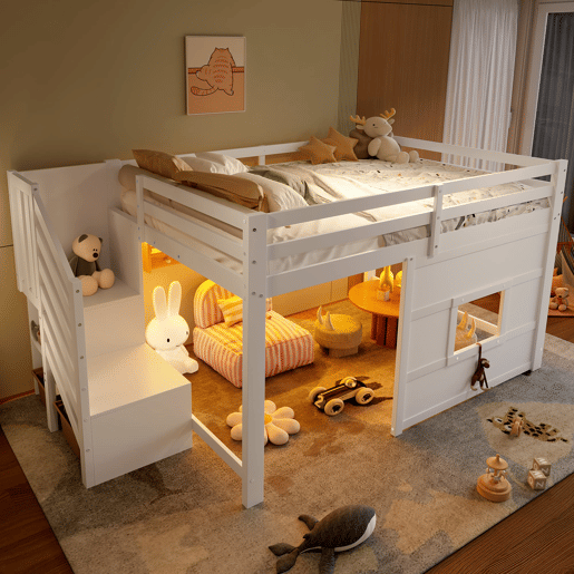 Cama alta 140x200 - com escada de arrumação e janela - Branco