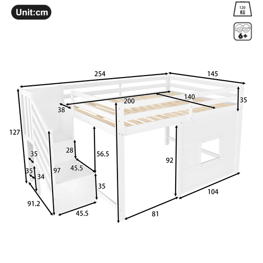 Cama alta 140x200 - com escada de arrumação e janela - Branco