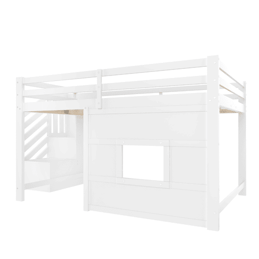 Cama alta 140x200 - com escada de arrumação e janela - Branco