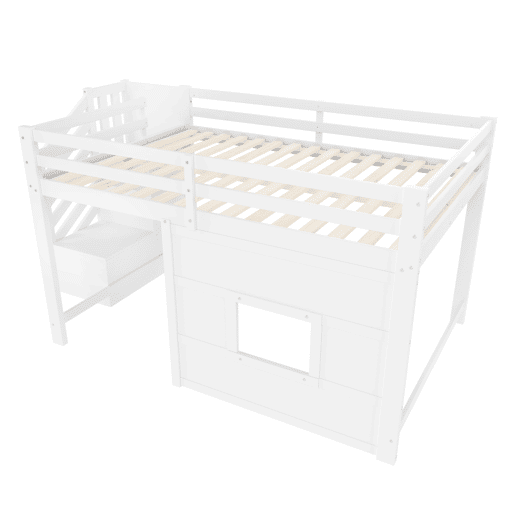 Cama alta 140x200 - com escada de arrumação e janela - Branco