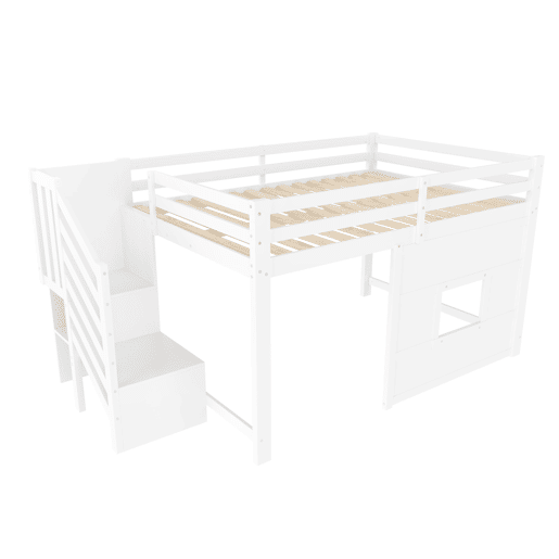 Cama alta 140x200 - com escada de arrumação e janela - Branco
