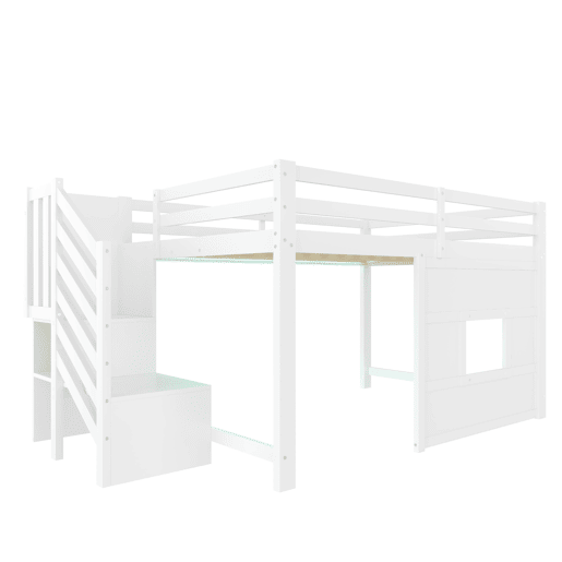 Cama alta 140x200 - com escada de arrumação e janela - Branco