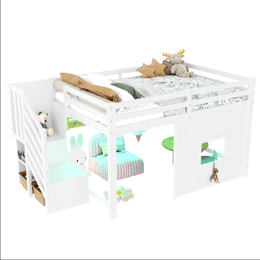 Cama alta 140x200 - com escada de arrumação e janela - Branco