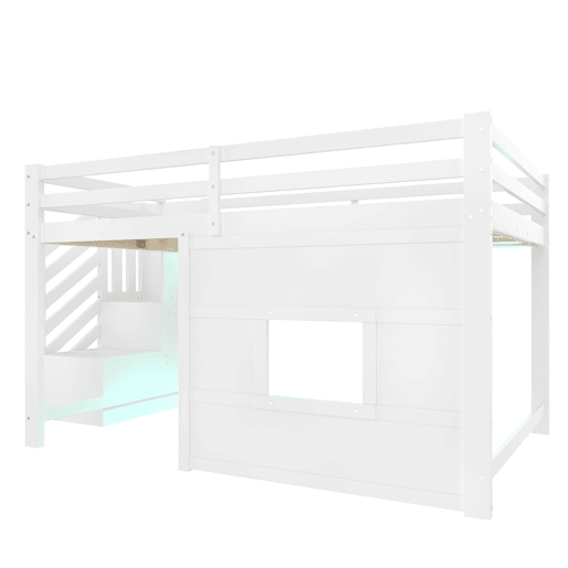 Cama alta 140x200 - com escada de arrumação e janela - Branco