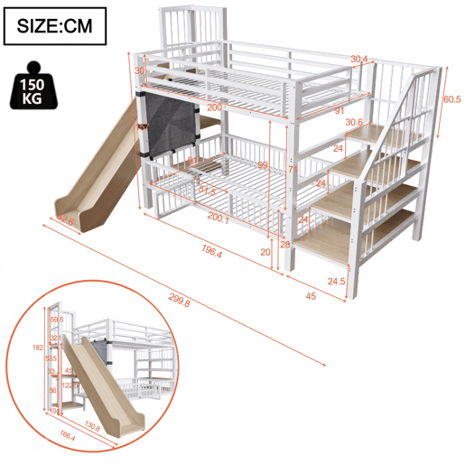Cama alta infantil metálica 90x200 - com escorregador e escada com arrumação - branco