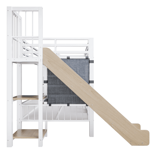 Cama alta infantil metálica 90x200 - com escorregador e escada com arrumação - branco