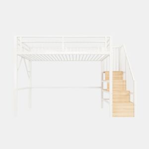 Cama alta 90x200 cm - Estrutura em ferro, LED, escada com arrumação, espaço livre - Branco