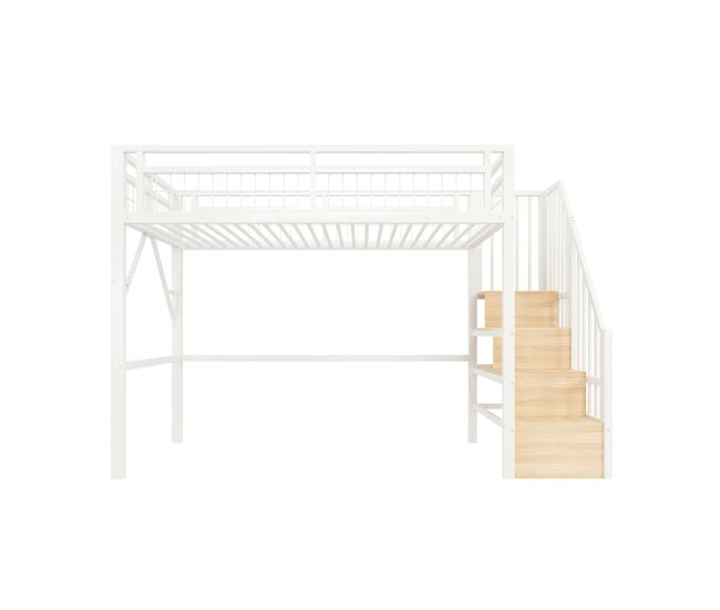 Cama alta 90x200 cm - estructura de hierro, led, escalera con almacenamiento, espacio libre - blanco