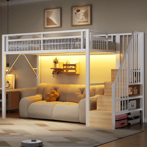 Cama alta 90x200 cm - Estrutura em ferro, LED, escada com arrumação, espaço livre - Branco Cama alta 90x200 cm - Estrutura em ferro, LED, escada com arrumação, espaço livre - Branco