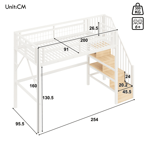 Cama alta 90x200 cm - Estrutura em ferro, LED, escada com arrumação, espaço livre - Branco Cama alta 90x200 cm - Estrutura em ferro, LED, escada com arrumação, espaço livre - Branco