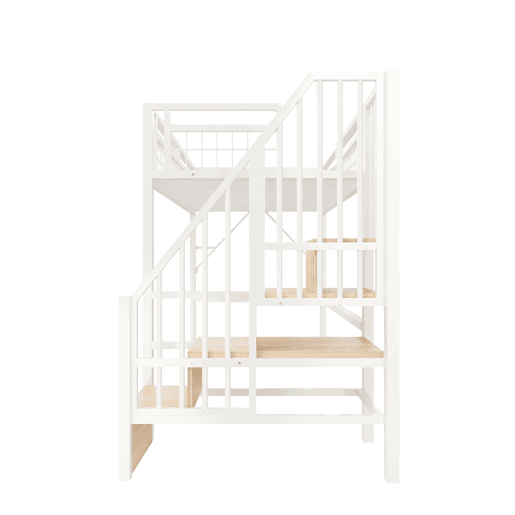 Cama alta 90x200 cm - Estrutura em ferro, LED, escada com arrumação, espaço livre - Branco Cama alta 90x200 cm - Estrutura em ferro, LED, escada com arrumação, espaço livre - Branco
