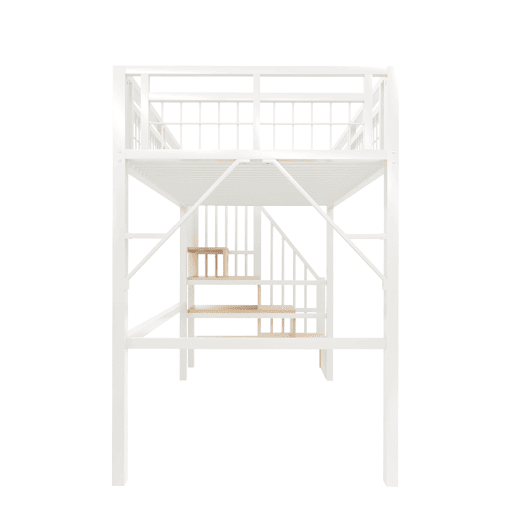 Cama alta 90x200 cm - Estrutura em ferro, LED, escada com arrumação, espaço livre - Branco Cama alta 90x200 cm - Estrutura em ferro, LED, escada com arrumação, espaço livre - Branco