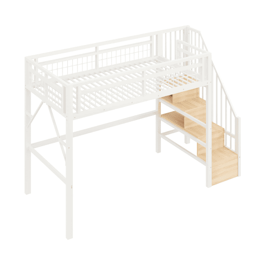 Cama alta 90x200 cm - Estrutura em ferro, LED, escada com arrumação, espaço livre - Branco Cama alta 90x200 cm - Estrutura em ferro, LED, escada com arrumação, espaço livre - Branco