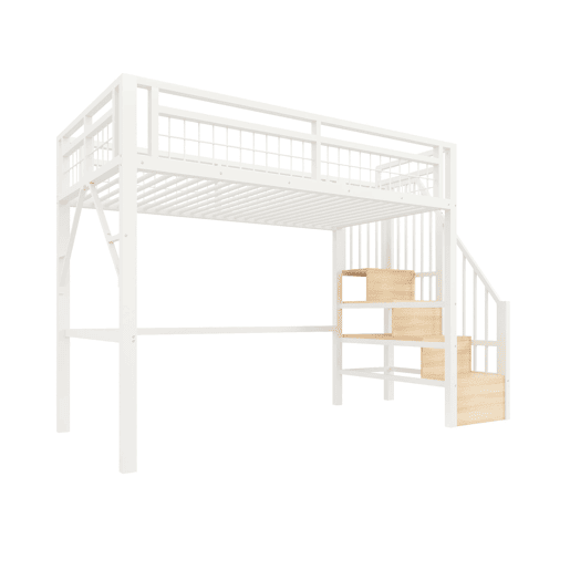 Cama alta 90x200 cm - Estrutura em ferro, LED, escada com arrumação, espaço livre - Branco Cama alta 90x200 cm - Estrutura em ferro, LED, escada com arrumação, espaço livre - Branco