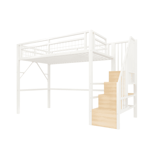 Cama alta 90x200 cm - Estrutura em ferro, LED, escada com arrumação, espaço livre - Branco Cama alta 90x200 cm - Estrutura em ferro, LED, escada com arrumação, espaço livre - Branco