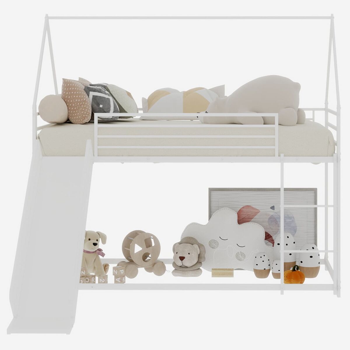 Cama alta infantil twin - segura con escalera - blanca