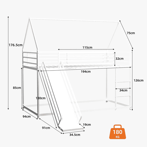 Cama alta infantil Twin - segura com escada - branca