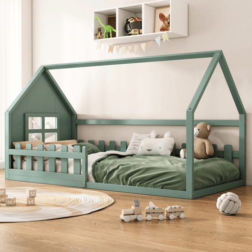 Cabina-cama para crianças 90x200 cm - em forma de casinha - em madeira de pinho e MDF - Verde