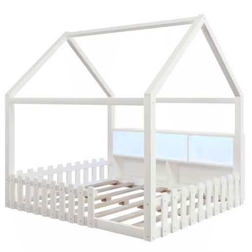 Cama infantil 140x190 cm - com grade de proteção, luzes LED, prateleiras abertas, design em forma de casa, estilo minimalista - branco
