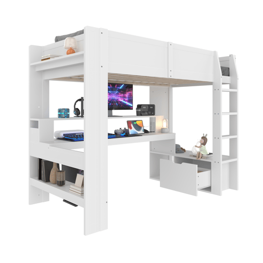 Cama alta 90x200 cm - Cama Gaming com secretária, com luzes LED, gaveta, prateleiras - Branco