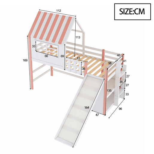 Cama alta infantil 90x200 cm - design ático, escada e rampa de segurança, prateleiras multifuncionais - rosa