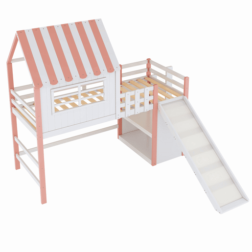 Cama alta infantil 90x200 cm - design ático, escada e rampa de segurança, prateleiras multifuncionais - rosa