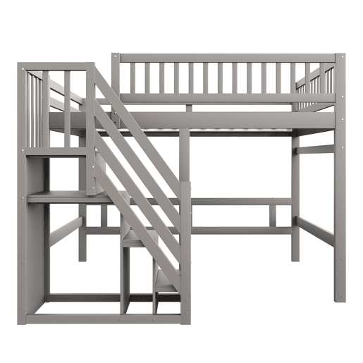 Cama alta em madeira maciça 140x200 - com escada, armário de arrumação e grade alta, cama para crianças e jovens - cinzenta Cama alta em madeira maciça 140x200 - com escada, armário de arrumação e grade alta, cama para crianças e jovens - cinzenta