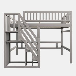 Cama alta em madeira maciça 140x200 - com escada, armário de arrumação e grade alta, cama para crianças e jovens - cinzenta