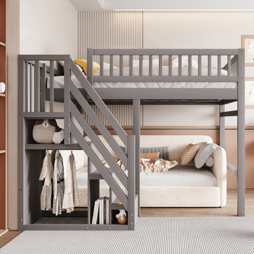 Cama alta em madeira maciça 140x200 - com escada, armário de arrumação e grade alta, cama para crianças e jovens - cinzenta Cama alta em madeira maciça 140x200 - com escada, armário de arrumação e grade alta, cama para crianças e jovens - cinzenta