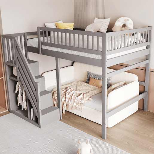 Cama alta em madeira maciça 140x200 - com escada, armário de arrumação e grade alta, cama para crianças e jovens - cinzenta Cama alta em madeira maciça 140x200 - com escada, armário de arrumação e grade alta, cama para crianças e jovens - cinzenta