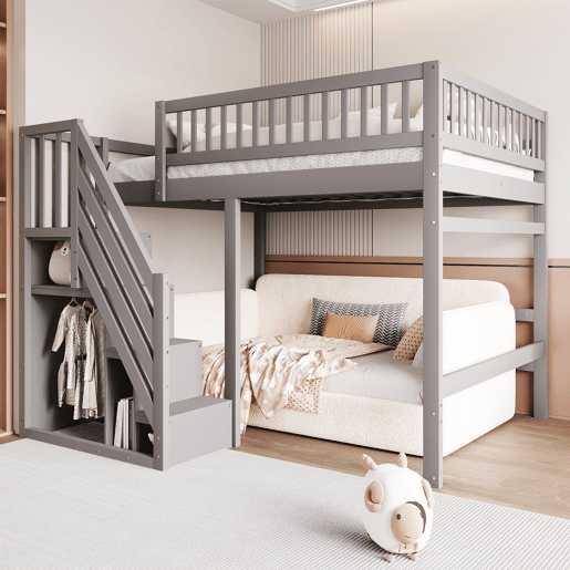 Cama alta em madeira maciça 140x200 - com escada, armário de arrumação e grade alta, cama para crianças e jovens - cinzenta Cama alta em madeira maciça 140x200 - com escada, armário de arrumação e grade alta, cama para crianças e jovens - cinzenta
