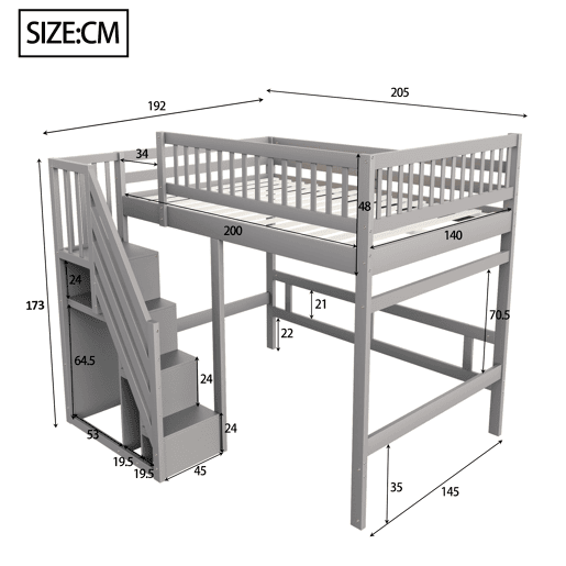Cama alta em madeira maciça 140x200 - com escada, armário de arrumação e grade alta, cama para crianças e jovens - cinzenta Cama alta em madeira maciça 140x200 - com escada, armário de arrumação e grade alta, cama para crianças e jovens - cinzenta