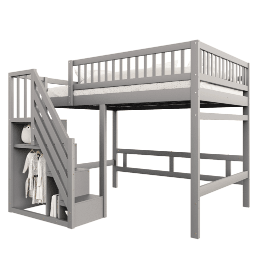 Cama alta em madeira maciça 140x200 - com escada, armário de arrumação e grade alta, cama para crianças e jovens - cinzenta Cama alta em madeira maciça 140x200 - com escada, armário de arrumação e grade alta, cama para crianças e jovens - cinzenta