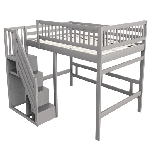 Cama alta em madeira maciça 140x200 - com escada, armário de arrumação e grade alta, cama para crianças e jovens - cinzenta Cama alta em madeira maciça 140x200 - com escada, armário de arrumação e grade alta, cama para crianças e jovens - cinzenta