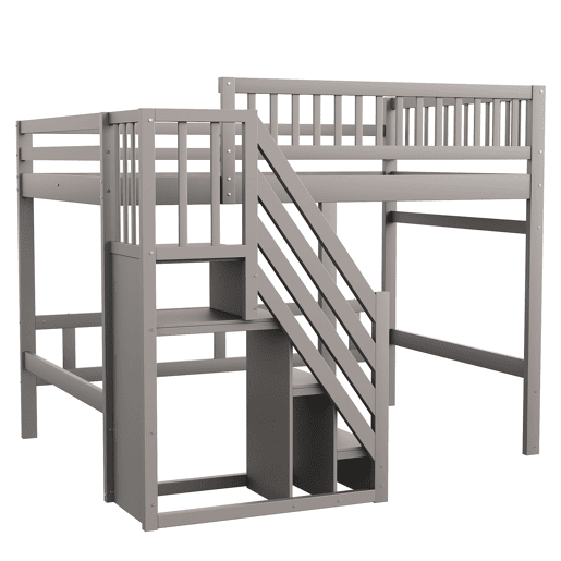 Cama alta em madeira maciça 140x200 - com escada, armário de arrumação e grade alta, cama para crianças e jovens - cinzenta Cama alta em madeira maciça 140x200 - com escada, armário de arrumação e grade alta, cama para crianças e jovens - cinzenta