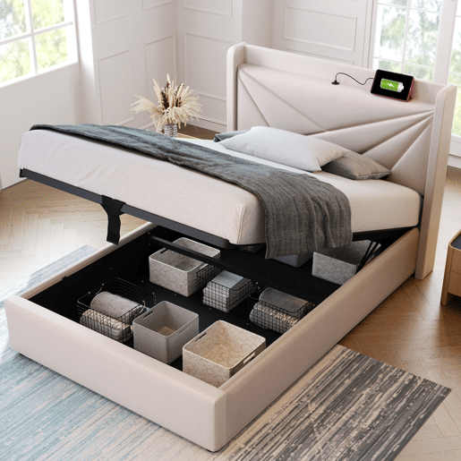Cama individual 90x200 - armazenamento com USB Tipo C e cabeceira, estrutura em linho, estrado incluído - Cinza