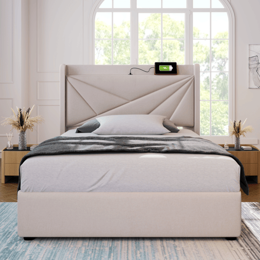 Cama individual 90x200 - armazenamento com USB Tipo C e cabeceira, estrutura em linho, estrado incluído - Cinza