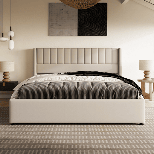 Cama contentora estofada em linho 160x200cm com estrado de ripas - Bege