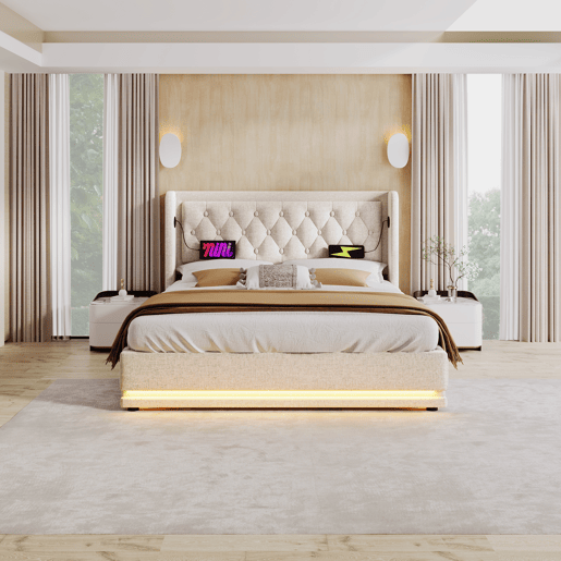 Cama contentora estofada 180 x 200 cm em tecido de algodão - com função de carga e LED ao pé da cama - Bege