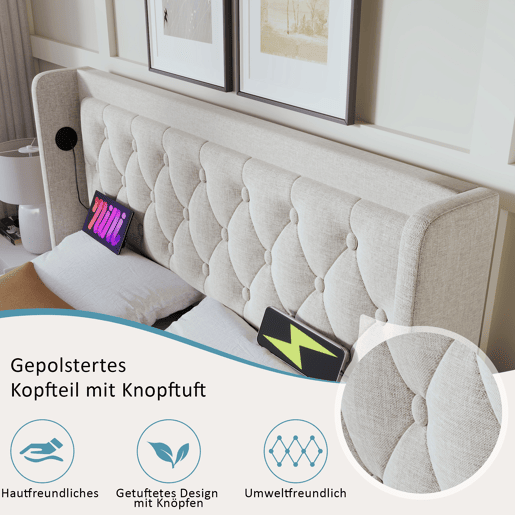 Cama contentora estofada 180 x 200 cm em tecido de algodão - com função de carga e LED ao pé da cama - Bege