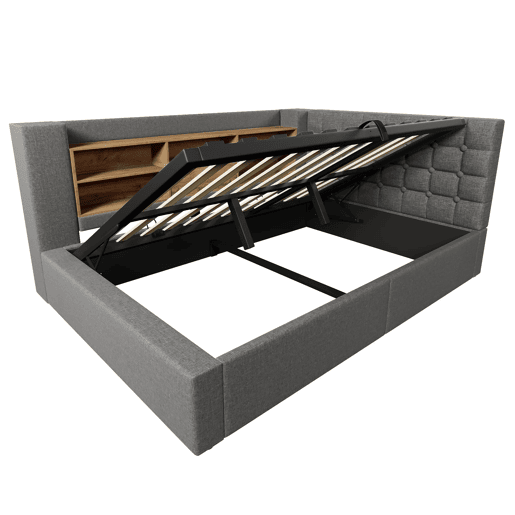 Cama estofada 140x200 cm - LED, armazenamento hidráulico, cabeceira L, colchão incluído - Cinza Cama estofada 140x200 cm - LED, armazenamento hidráulico, cabeceira L, colchão incluído - Cinza