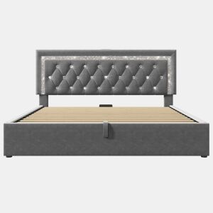 Cama estofada 160x200 cm - LED na cabeceira, USB e Type-C, armazenamento hidráulico - Cinza