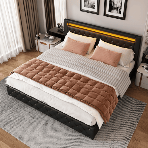 Cama contentora estofada em pele sintética com LED - 140x200 cm - com estrado - Preto