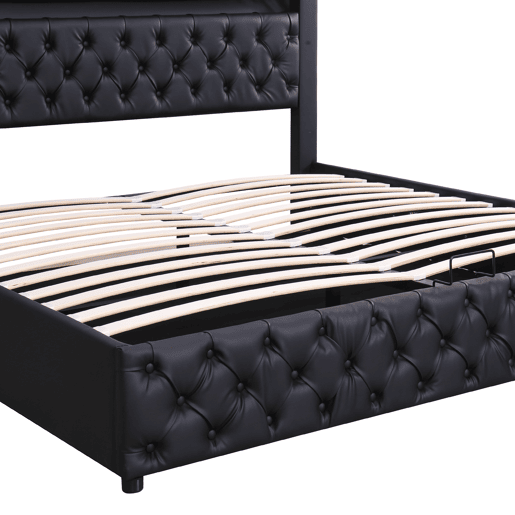 Cama contentora estofada em pele sintética com LED - 140x200 cm - com estrado - Preto