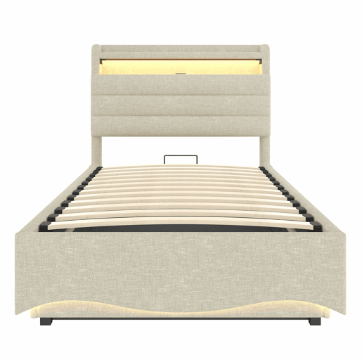 Cama estofada 90x200 cm - com iluminação LED, mecanismo hidráulico, portas USB e Tipo-C, compartimento e prateleiras, tecido de linho - bege