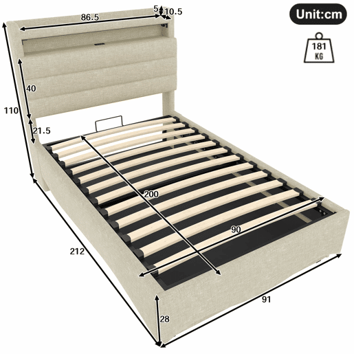 Cama estofada 90x200 cm - com iluminação LED, mecanismo hidráulico, portas USB e Tipo-C, compartimento e prateleiras, tecido de linho - bege