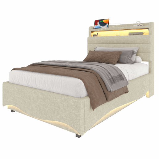 Cama estofada 90x200 cm - com iluminação LED, mecanismo hidráulico, portas USB e Tipo-C, compartimento e prateleiras, tecido de linho - bege